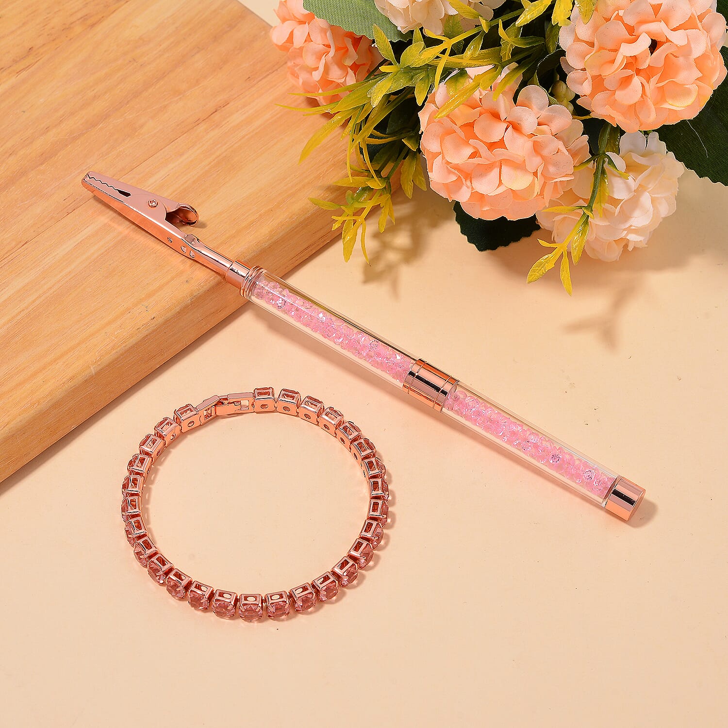 2 Piece Set - Austrian Pink Crystal Bracelet (Size - 7.5) with Bracelet Buddy in Rose Gold Tone 70.00 Ct.