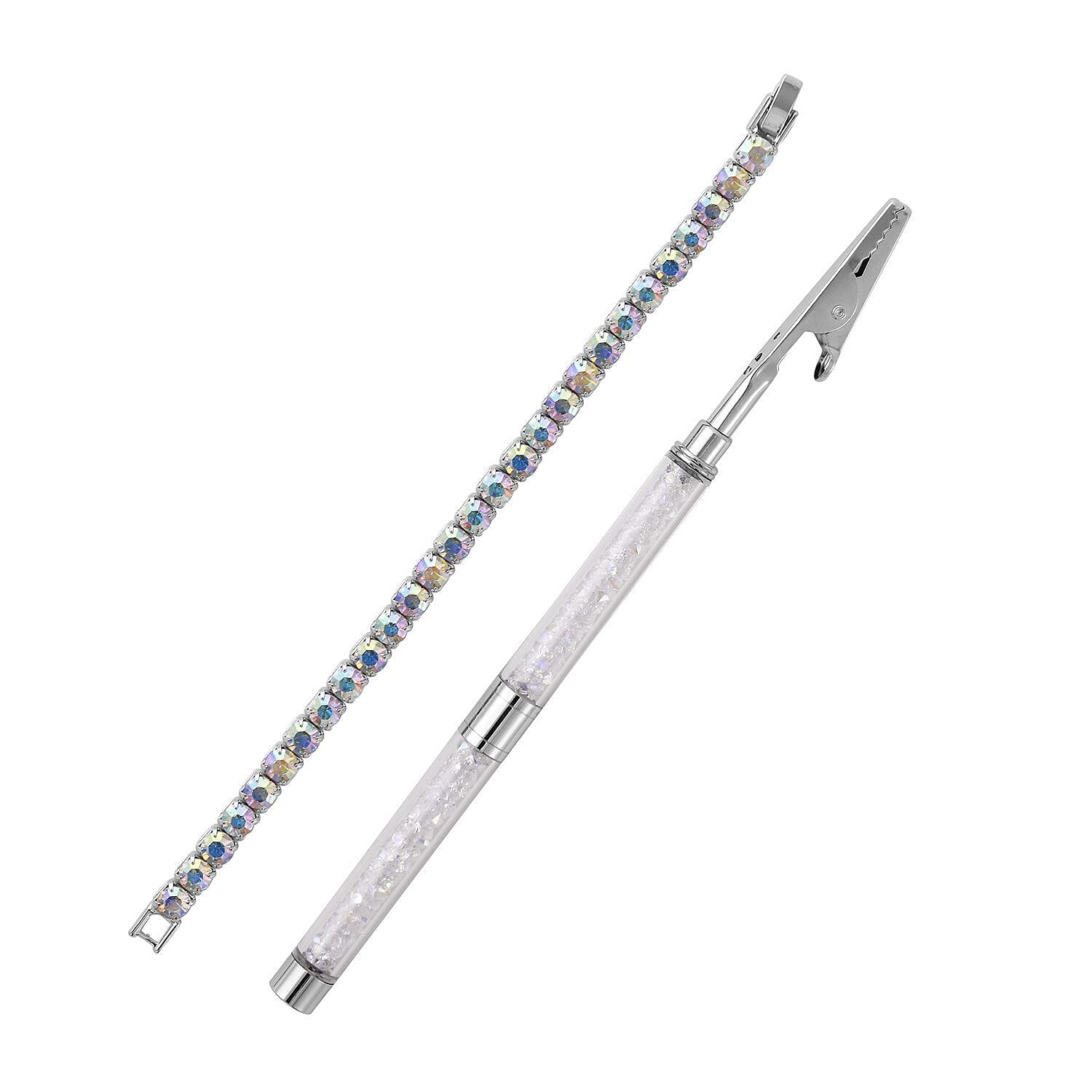 2 Piece Set - White Mystic Crystal Bracelet (Size - 7.5) with Bracelet Buddy in Silver Tone 70.00 Ct.