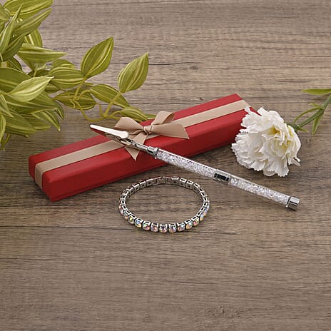 2 Piece Set - White Mystic Crystal Bracelet (Size - 7.5) with Bracelet Buddy in Silver Tone 70.00 Ct.