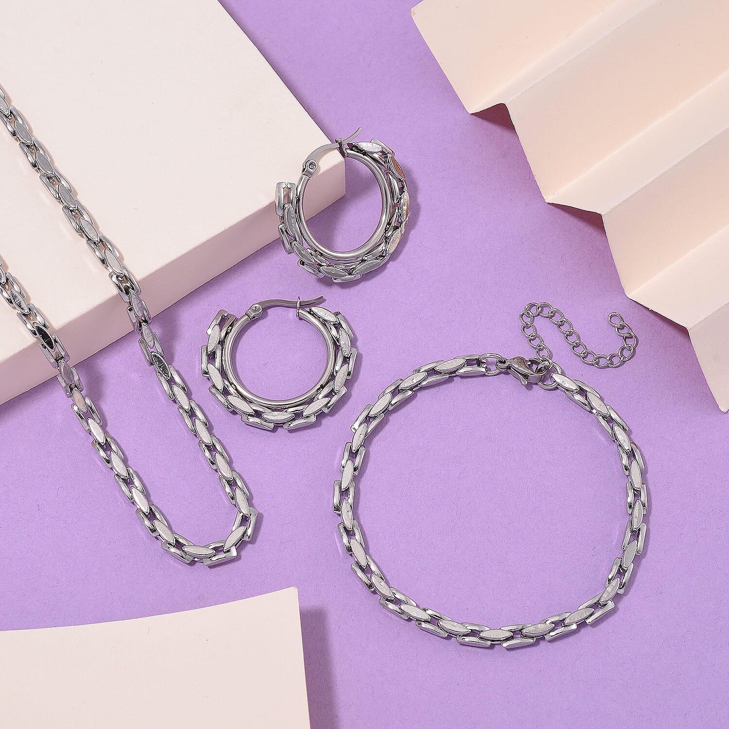 3 Piece Set - Panther Link Necklace (Size 20-2) Bracelet (Size 7.5-2) & Earrings with Clasp