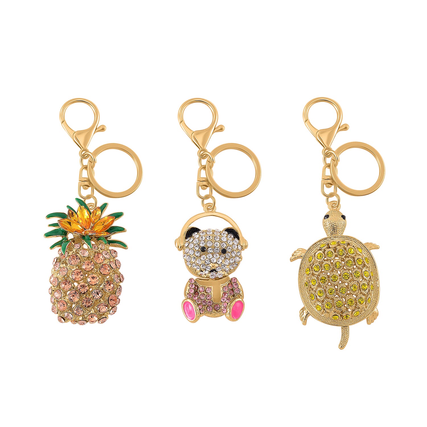 Set of 3 Crystal Pineapple, Turtle & Bear Key Chain in Yellow Gold Colour Plating