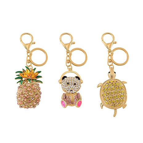 Set of 3 Crystal Pineapple, Turtle & Bear Key Chain in Yellow Gold Colour Plating