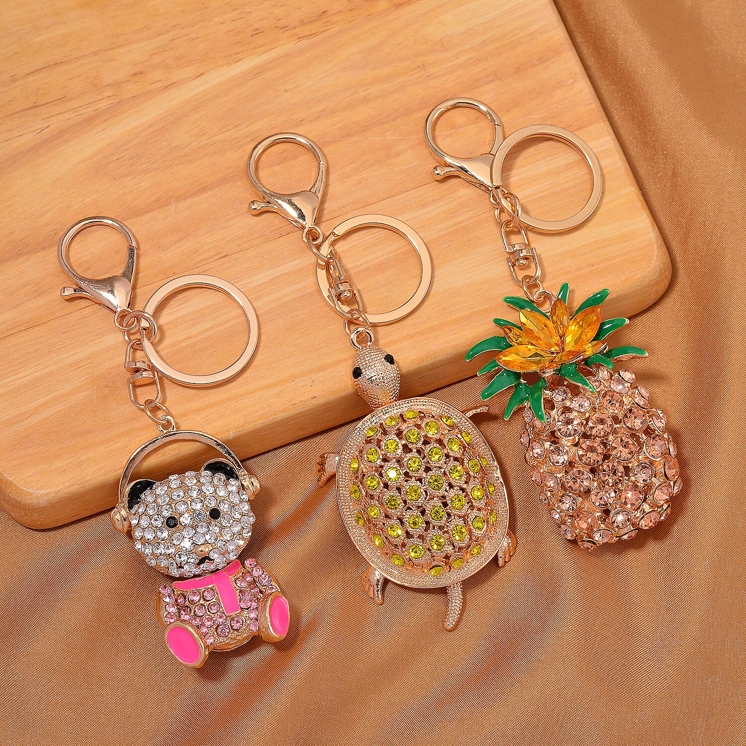 Set of 3 Crystal Pineapple, Turtle & Bear Key Chain in Yellow Gold Colour Plating