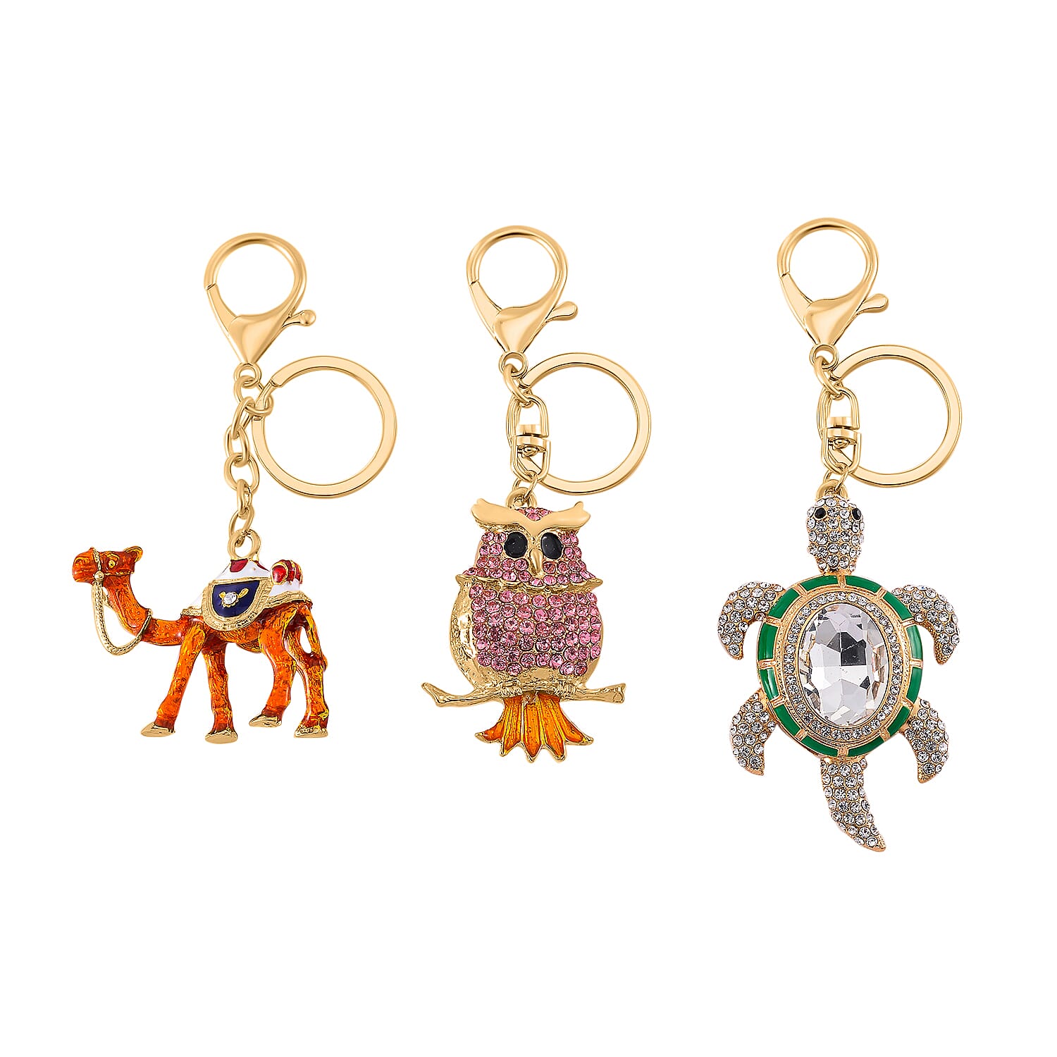 Set of 3 Crystal Key Chain in Yellow Gold Colour Plating. 1.Owl with Pink Crystal & Enamel; 2.Camel with White Crystal & Enamel; 3.Turtle with White & Black Crystal & Enamel.