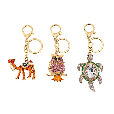 Set of 3 Crystal Key Chain in Yellow Gold Colour Plating. 1.Owl with Pink Crystal & Enamel; 2.Camel with White Crystal & Enamel; 3.Turtle with White & Black Crystal & Enamel.