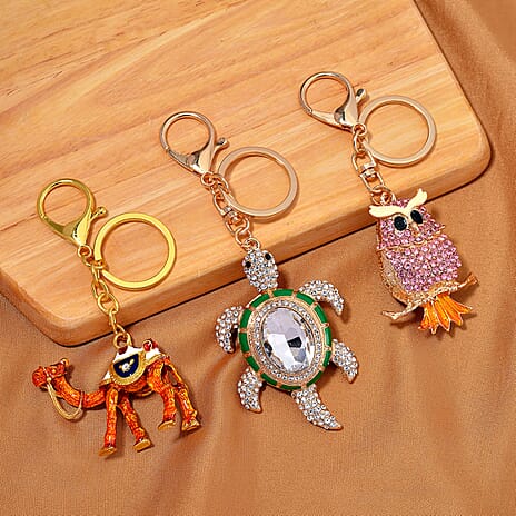 Set of 3 Crystal Key Chain in Yellow Gold Colour Plating. 1.Owl with Pink Crystal & Enamel; 2.Camel with White Crystal & Enamel; 3.Turtle with White & Black Crystal & Enamel.