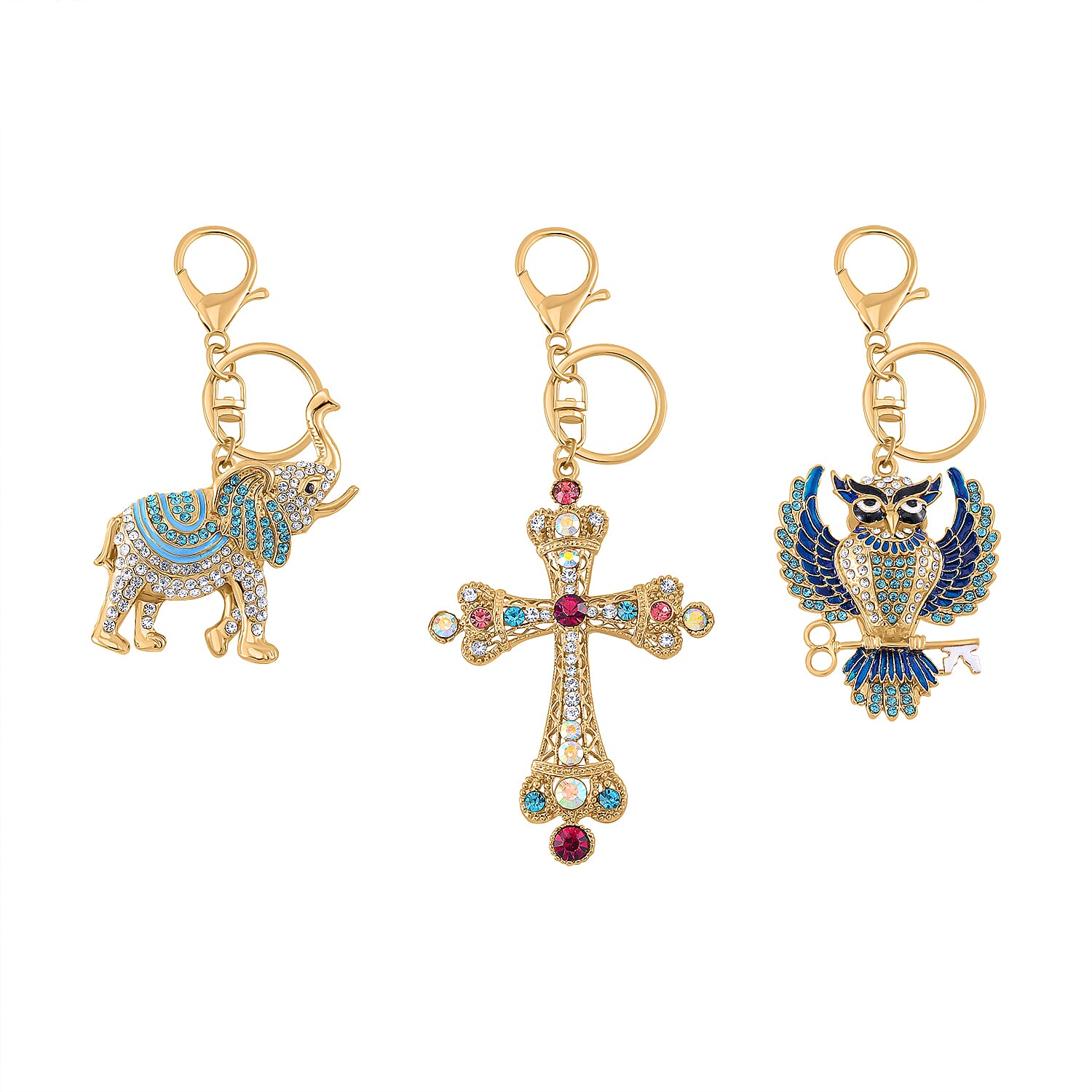 Set of 3 Crystal Key Chain in Yellow Gold Colour Plating. 1.Owl with Blue & White Crystal & Enamel; 2.Cross with Multi Color Crystal; 3.Elephant with Multi Color Crystal & Enamel.