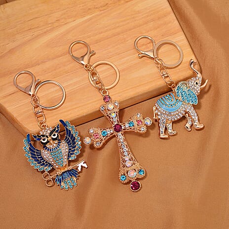 Set of 3 Crystal Key Chain in Yellow Gold Colour Plating. 1.Owl with Blue & White Crystal & Enamel; 2.Cross with Multi Color Crystal; 3.Elephant with Multi Color Crystal & Enamel.