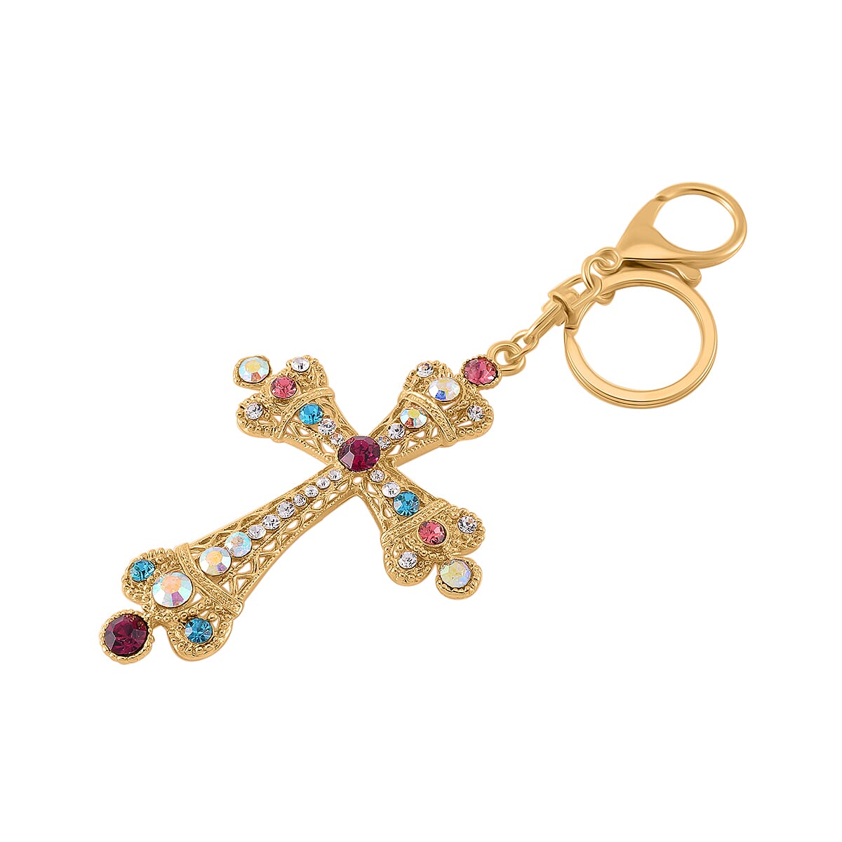 Set of 3 Crystal Key Chain in Yellow Gold Colour Plating. 1.Owl with Blue & White Crystal & Enamel; 2.Cross with Multi Color Crystal; 3.Elephant with Multi Color Crystal & Enamel.