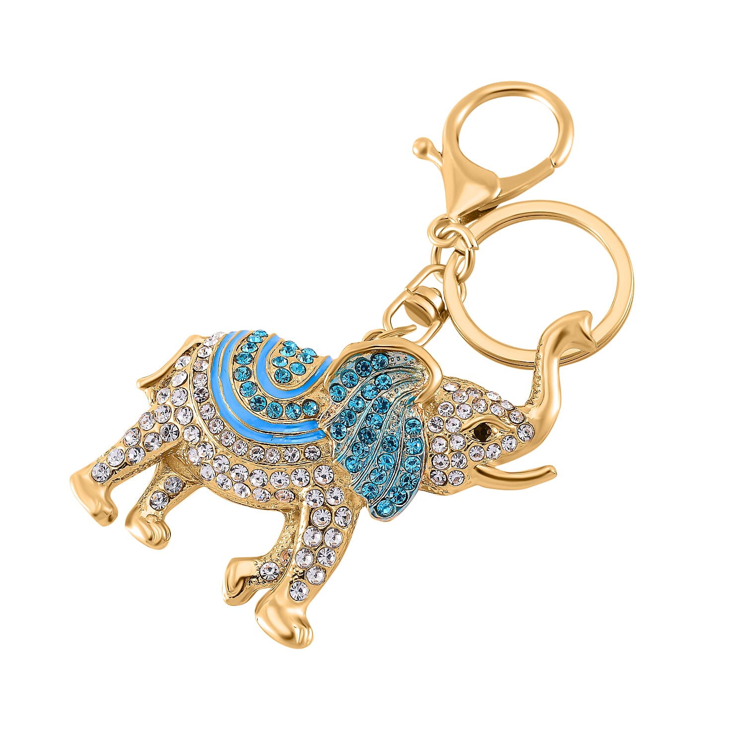Set of 3 Crystal Key Chain in Yellow Gold Colour Plating. 1.Owl with Blue & White Crystal & Enamel; 2.Cross with Multi Color Crystal; 3.Elephant with Multi Color Crystal & Enamel.