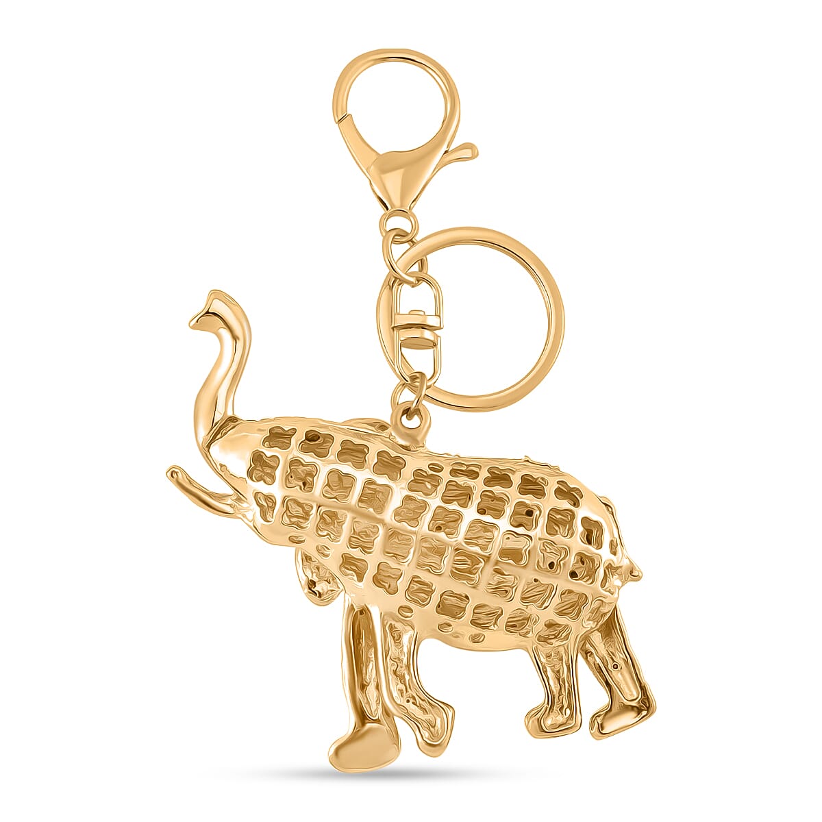 Set of 3 Crystal Key Chain in Yellow Gold Colour Plating. 1.Owl with Blue & White Crystal & Enamel; 2.Cross with Multi Color Crystal; 3.Elephant with Multi Color Crystal & Enamel.