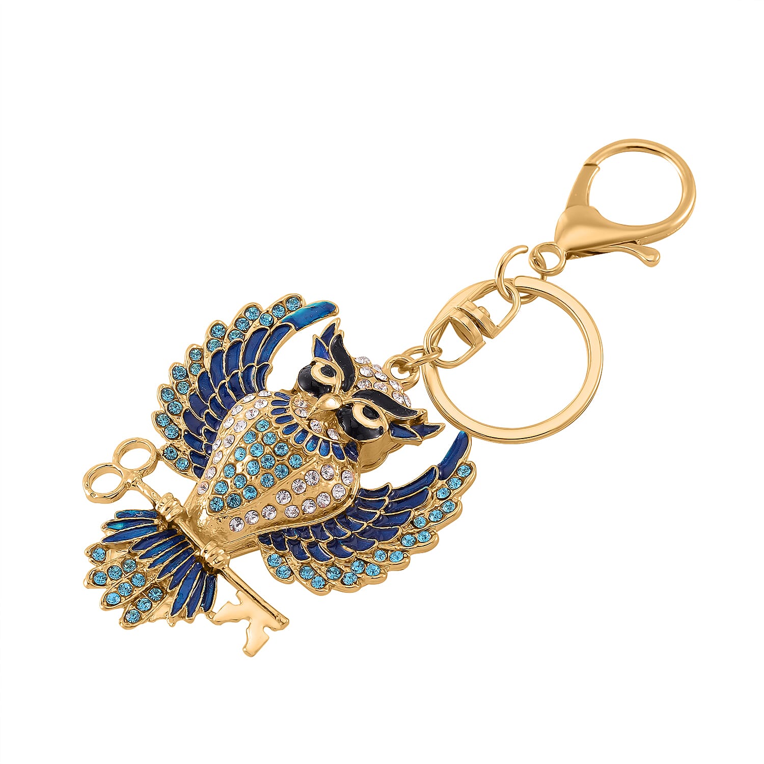 Set of 3 Crystal Key Chain in Yellow Gold Colour Plating. 1.Owl with Blue & White Crystal & Enamel; 2.Cross with Multi Color Crystal; 3.Elephant with Multi Color Crystal & Enamel.