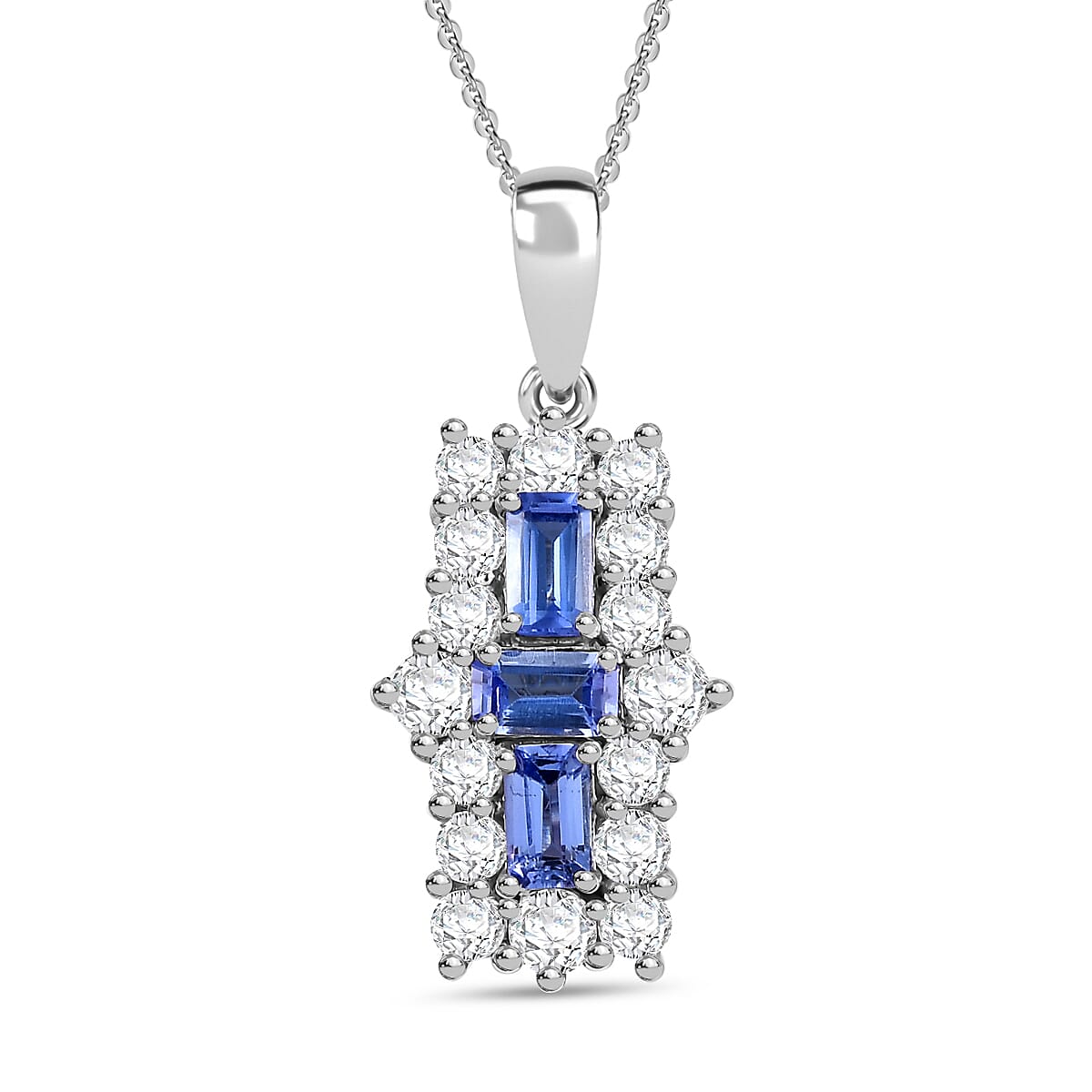 Tanzanite & White Zircon Pendant with Chain (Size - 20) in Rhodium Overlay Sterling Silver 2.81 Ct.