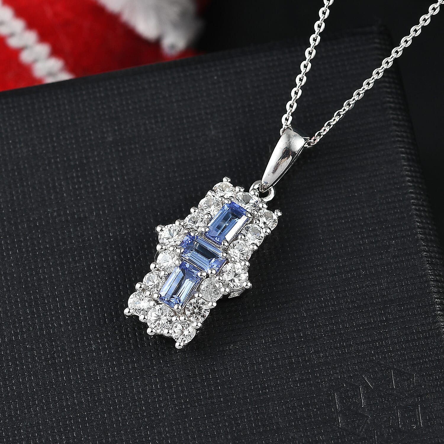 Tanzanite & White Zircon Pendant with Chain (Size - 20) in Rhodium Overlay Sterling Silver 2.81 Ct.
