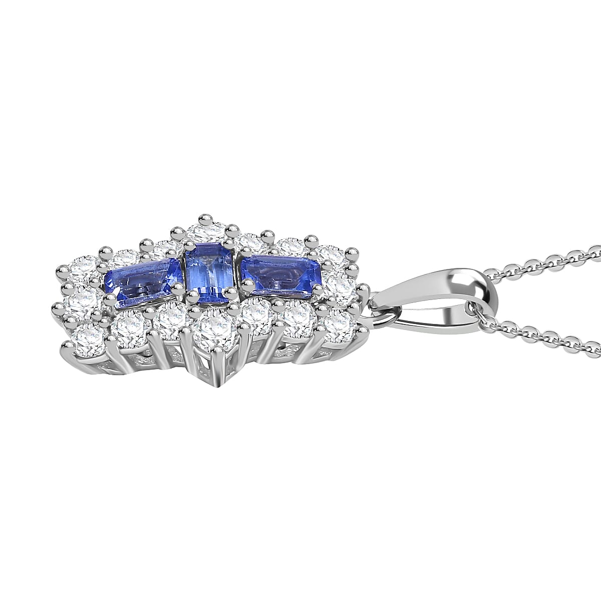 Tanzanite & White Zircon Pendant with Chain (Size - 20) in Rhodium Overlay Sterling Silver 2.81 Ct.