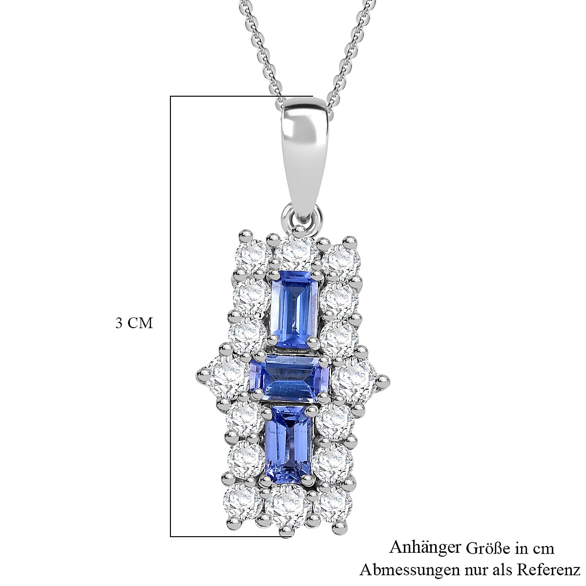 Tanzanite & White Zircon Pendant with Chain (Size - 20) in Rhodium Overlay Sterling Silver 2.81 Ct.