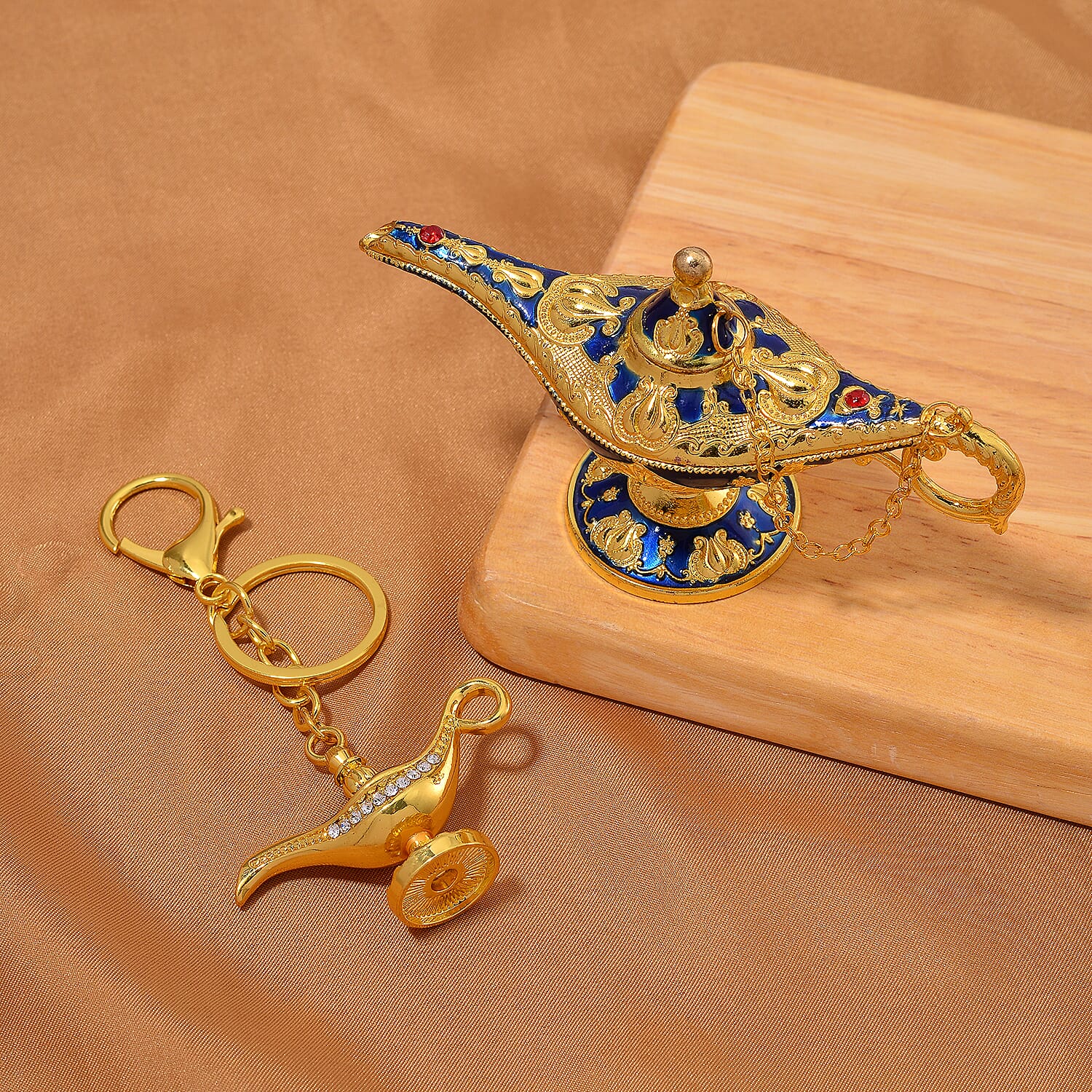 Set of Two Key Chain 1 Jewellery Box in Blue Colour Enamel - White - Red Crystal in Yellow Colour Plating 0.010 Ct.