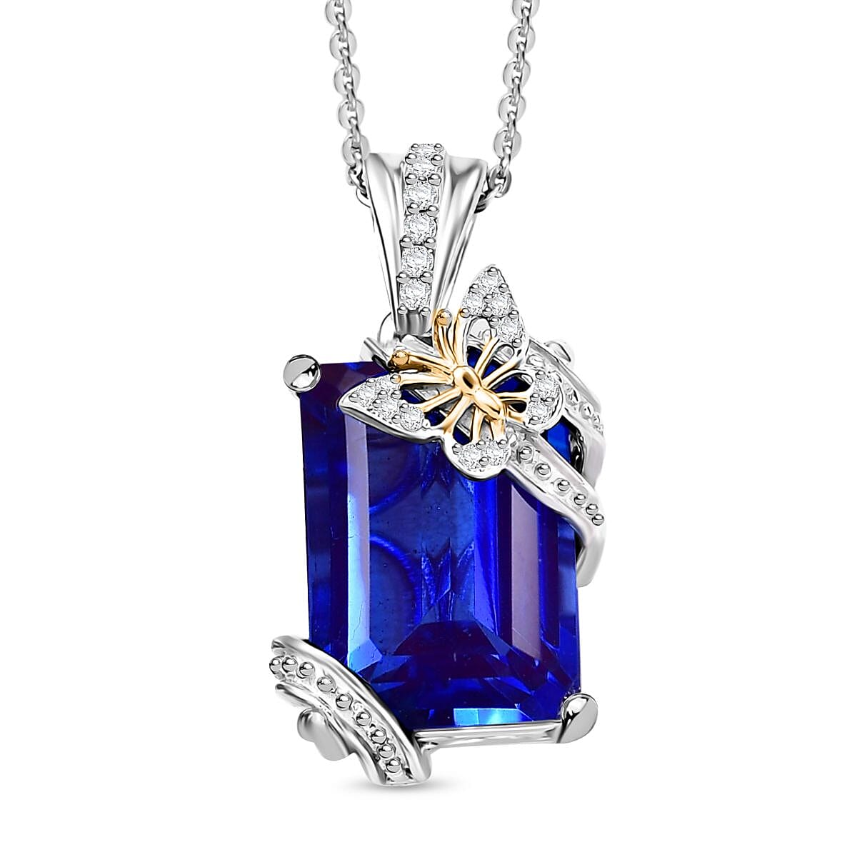 GP Italian Garden Collection- Tanzanite Colour Quartz, White Zircon & Blue Sapphire Pendant with Chain (Size - 20) in 18K Vermeil Yellow Gold & Rhodium Plated Sterling Silver 8.44 Ct.