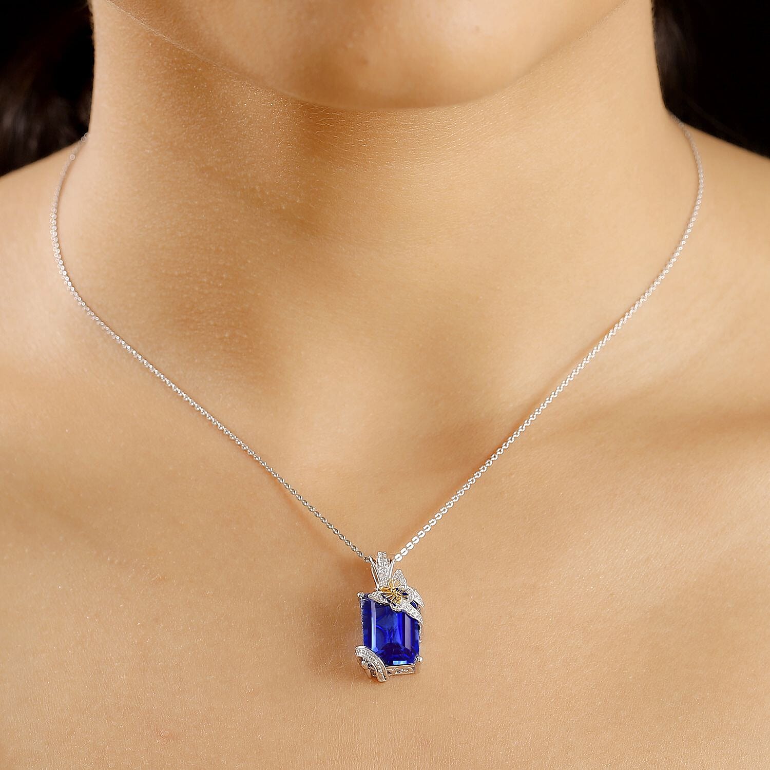 GP Italian Garden Collection- Tanzanite Colour Quartz, White Zircon & Blue Sapphire Pendant with Chain (Size - 20) in 18K Vermeil Yellow Gold & Rhodium Plated Sterling Silver 8.44 Ct.