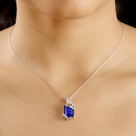 Tanzanite Colour Quartz, White Zircon & Blue Sapphire Pendant with Chain (Size - 20) in 18K Vermeil Yellow Gold & Rhodium Plated Sterling Silver 8.44 Ct.