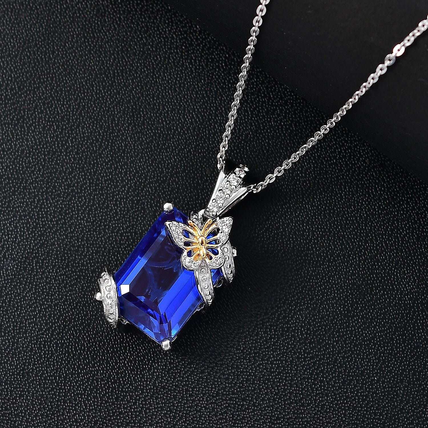 GP Italian Garden Collection- Tanzanite Colour Quartz, White Zircon & Blue Sapphire Pendant with Chain (Size - 20) in 18K Vermeil Yellow Gold & Rhodium Plated Sterling Silver 8.44 Ct.