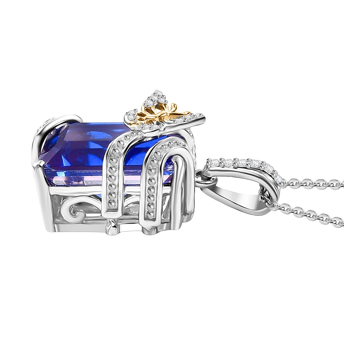 GP Italian Garden Collection- Tanzanite Colour Quartz, White Zircon & Blue Sapphire Pendant with Chain (Size - 20) in 18K Vermeil Yellow Gold & Rhodium Plated Sterling Silver 8.44 Ct.