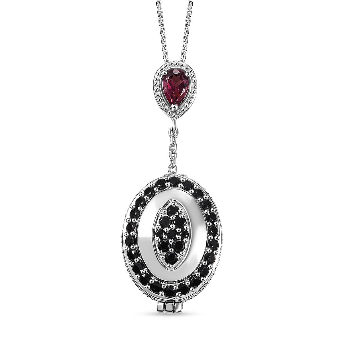 GP Art Deco Collection - Rhodolite Garnet, Black Spinel & Blue Sapphire Enclosed Pendant inside Openable with Chain (Size - 20) in Rhodium Overlay Sterling Silver 4.47 Ct, Silver Wt. 8.00 Gms.