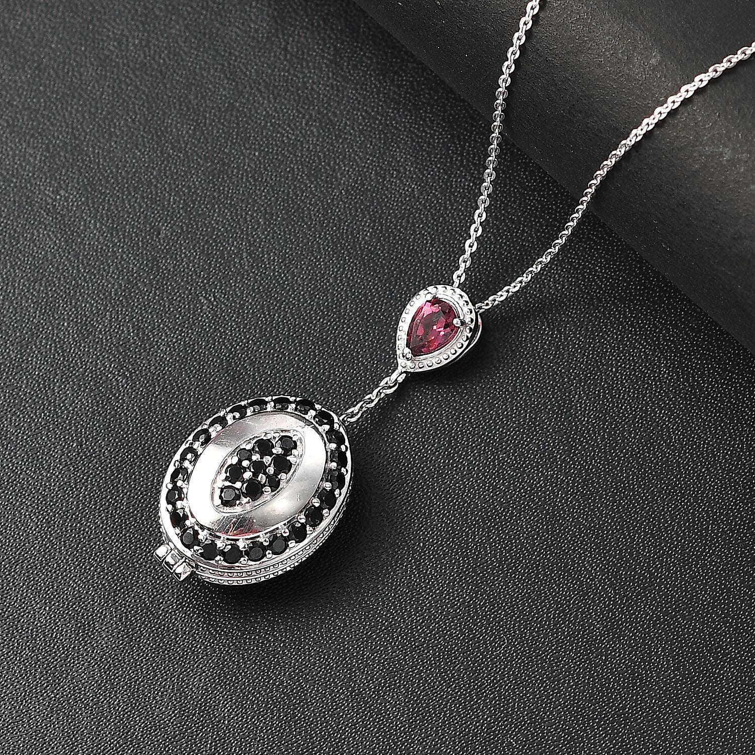 GP Art Deco Collection - Rhodolite Garnet, Black Spinel & Blue Sapphire Enclosed Pendant inside Openable with Chain (Size - 20) in Rhodium Overlay Sterling Silver 4.47 Ct, Silver Wt. 8.00 Gms.
