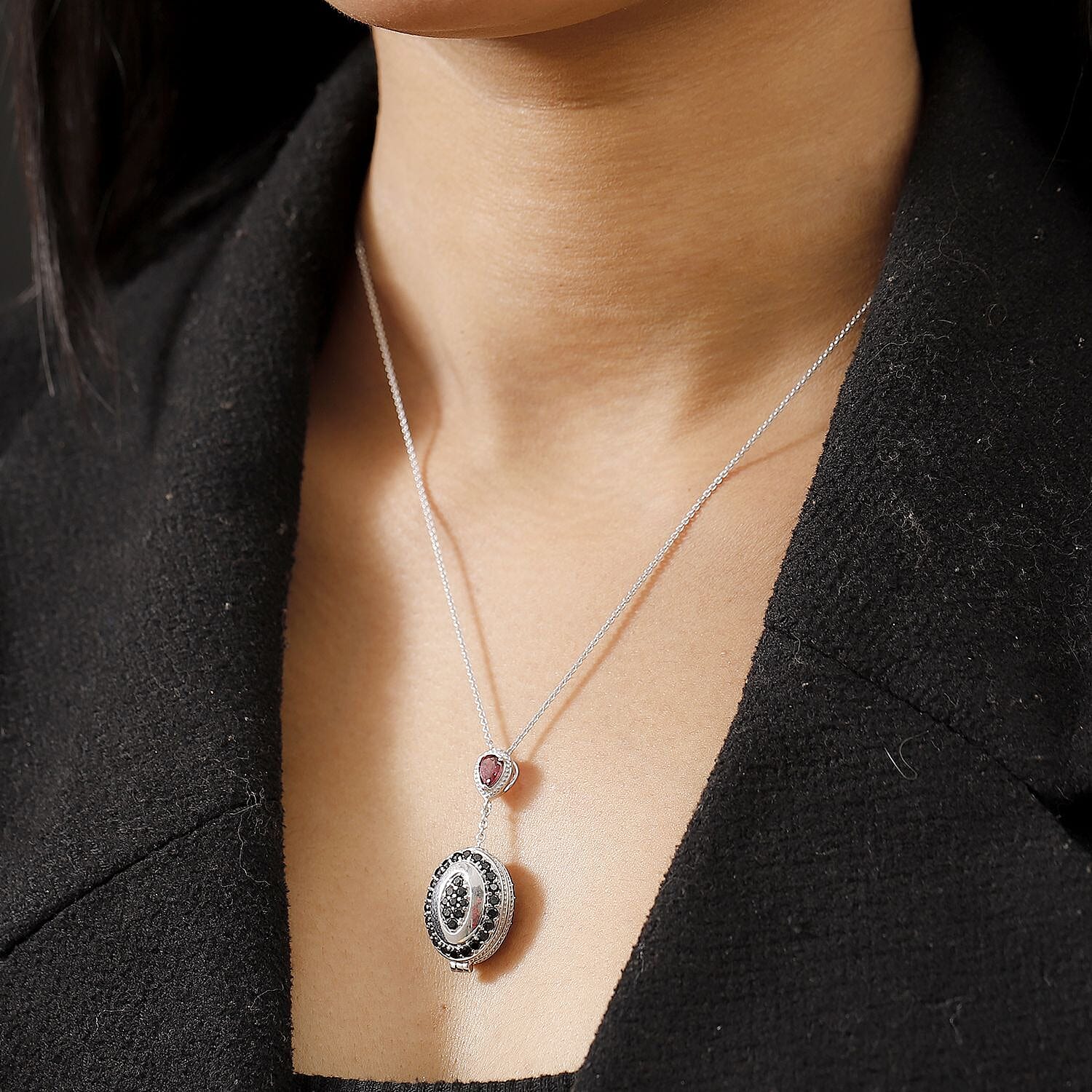GP Art Deco Collection - Rhodolite Garnet, Black Spinel & Blue Sapphire Enclosed Pendant inside Openable with Chain (Size - 20) in Rhodium Overlay Sterling Silver 4.47 Ct, Silver Wt. 8.00 Gms.