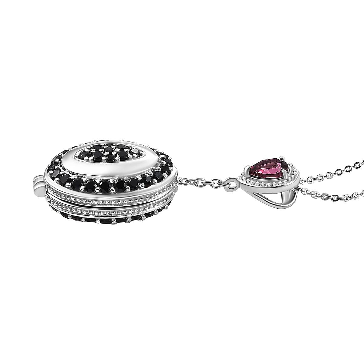 GP Art Deco Collection - Rhodolite Garnet, Black Spinel & Blue Sapphire Enclosed Pendant inside Openable with Chain (Size - 20) in Rhodium Overlay Sterling Silver 4.47 Ct, Silver Wt. 8.00 Gms.