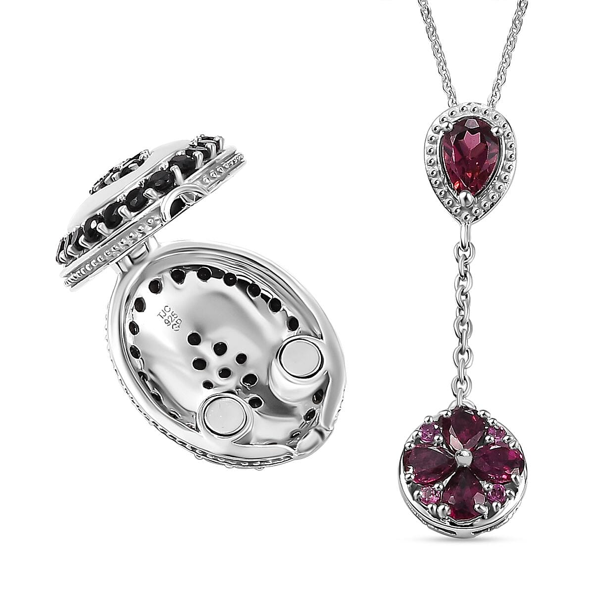 GP Art Deco Collection - Rhodolite Garnet, Black Spinel & Blue Sapphire Enclosed Pendant inside Openable with Chain (Size - 20) in Rhodium Overlay Sterling Silver 4.47 Ct, Silver Wt. 8.00 Gms.