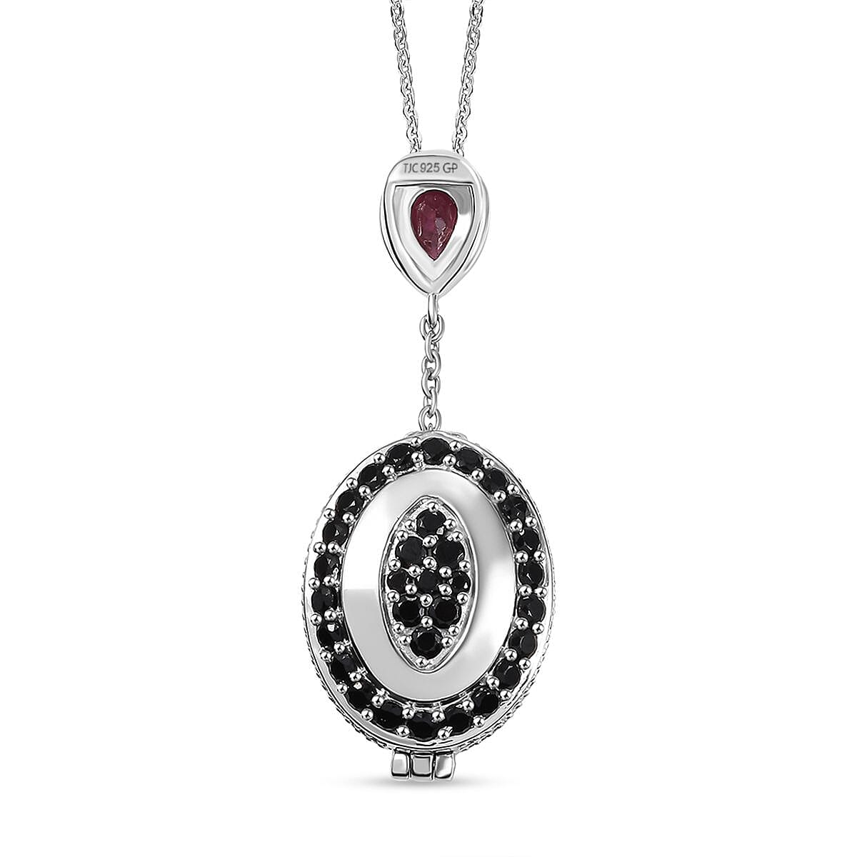 GP Art Deco Collection - Rhodolite Garnet, Black Spinel & Blue Sapphire Enclosed Pendant inside Openable with Chain (Size - 20) in Rhodium Overlay Sterling Silver 4.47 Ct, Silver Wt. 8.00 Gms.