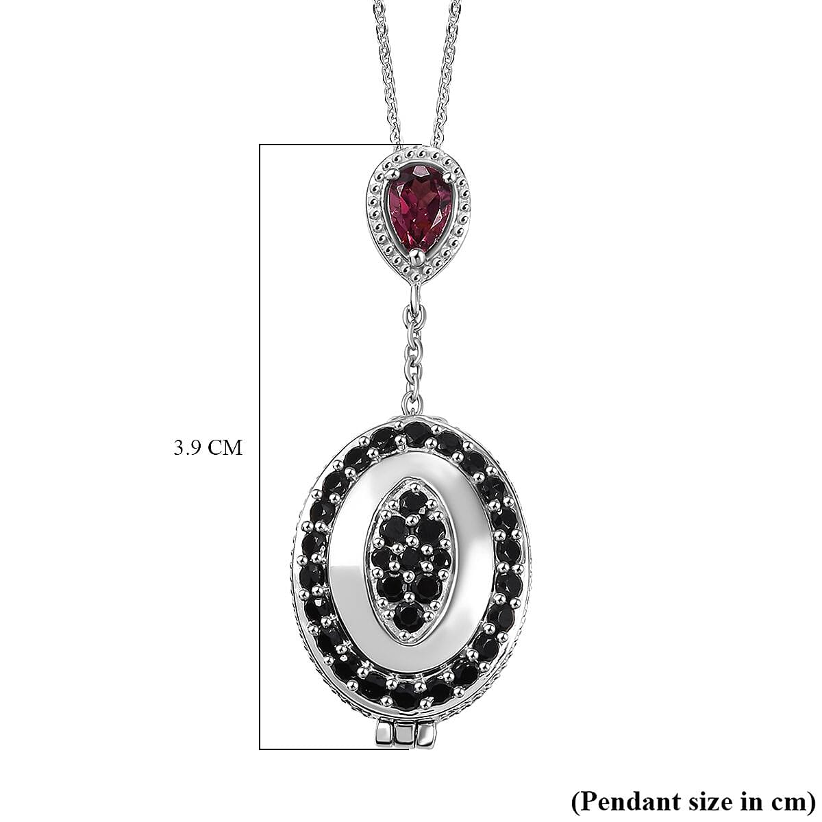 GP Art Deco Collection - Rhodolite Garnet, Black Spinel & Blue Sapphire Enclosed Pendant inside Openable with Chain (Size - 20) in Rhodium Overlay Sterling Silver 4.47 Ct, Silver Wt. 8.00 Gms.
