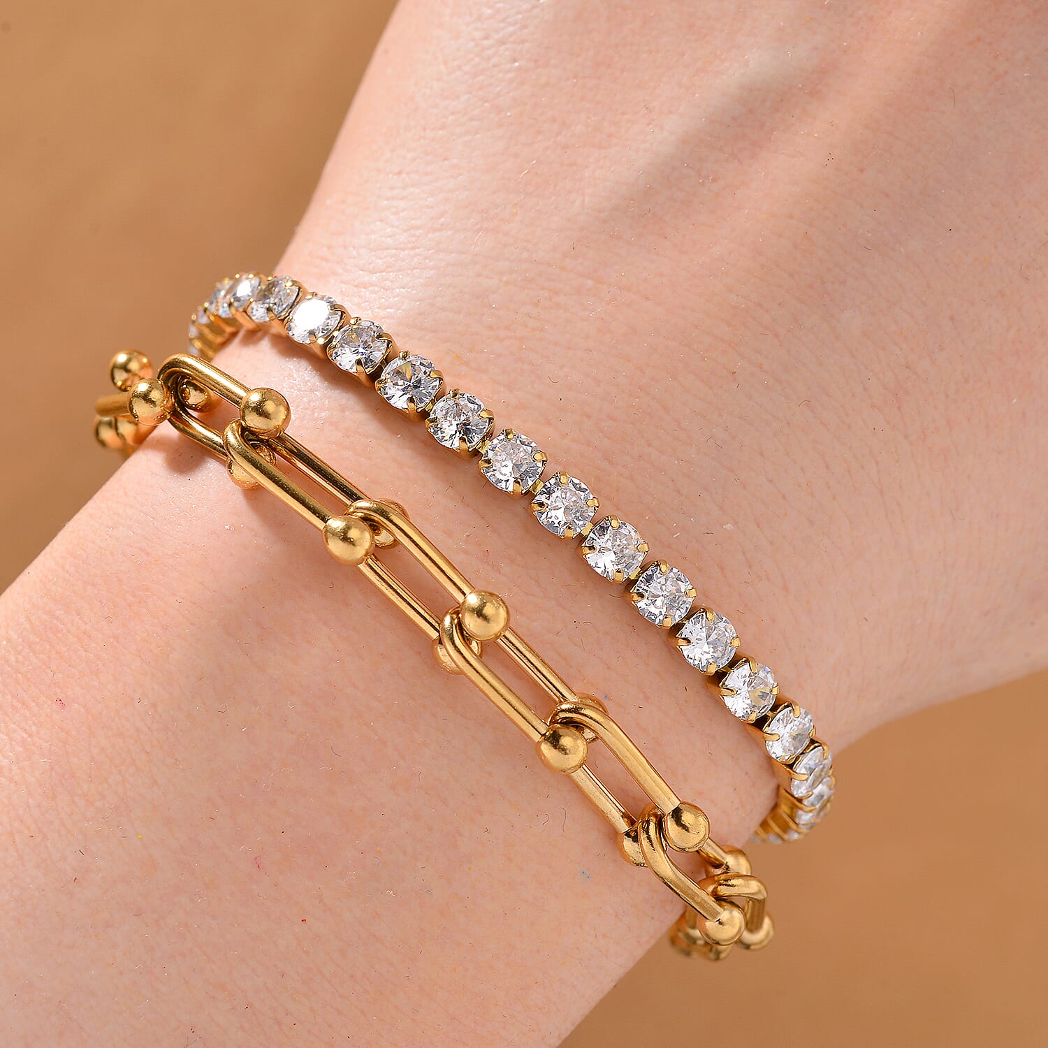 Set of 2 - White Cubic Zirconia Bracelet (Size - 7.5-2) in Yellow Gold Tone 10.00 Ct.