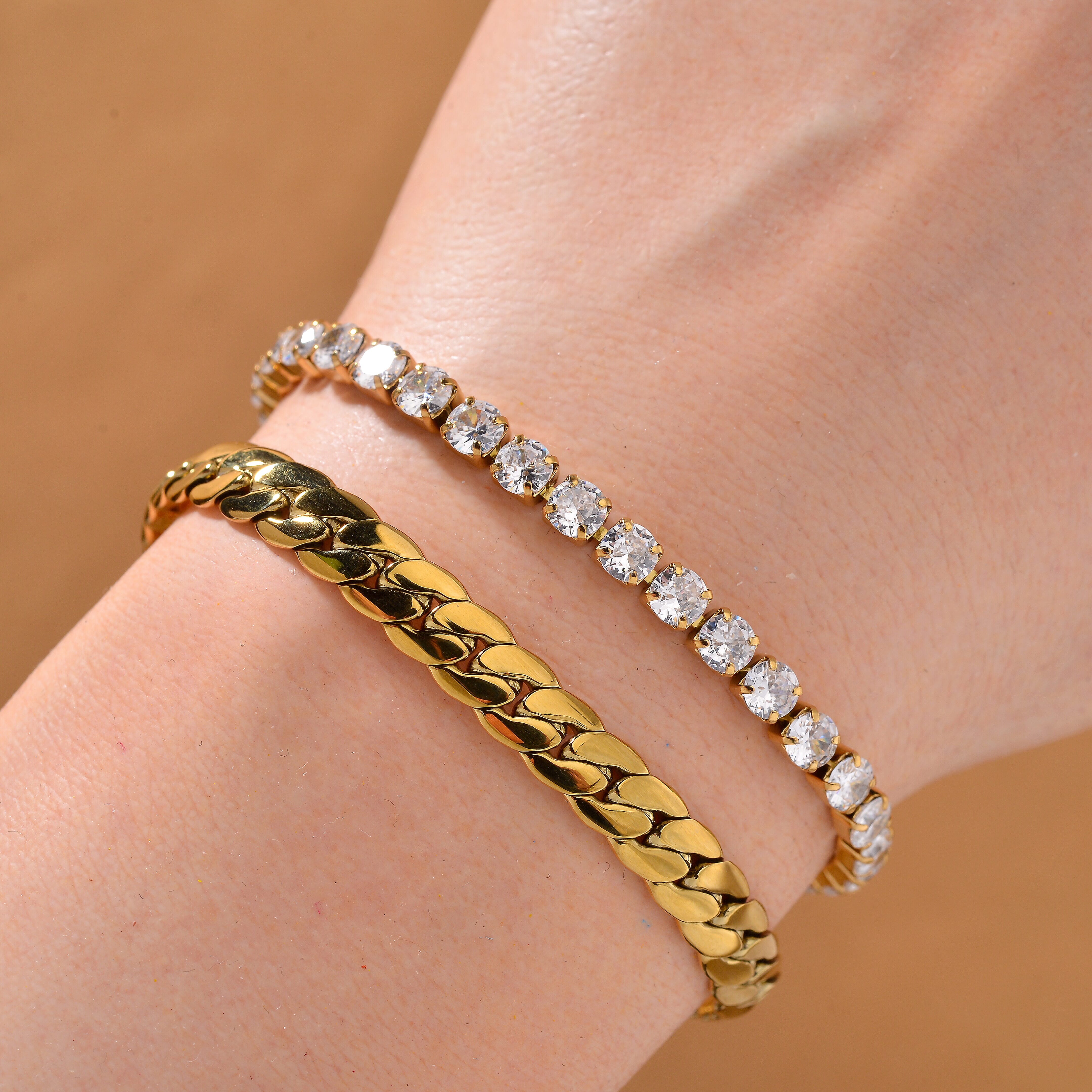 Set of 2 - White Cubic Zirconia Bracelet (Size - 7.5-2) & Curb Bracelet 10.00 Ct.