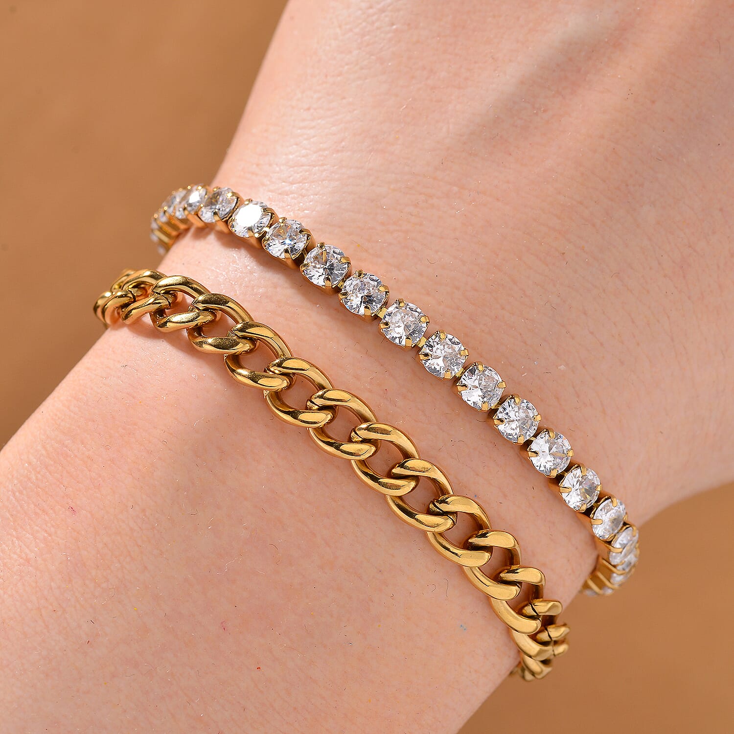 Set of 2 - White Cubic Zirconia Bracelet (Size - 7.5-2) in Yellow Gold Tone 10.00 Ct.