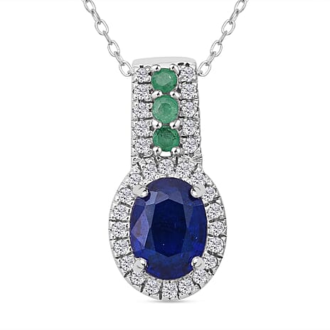 Premium Vietnamese Cobalt Blue Spinel, White Zircon & Emerald Halo Pendant with Chain (Size - 20) in Rhodium Overlay Sterling Silver 2.20 Ct.