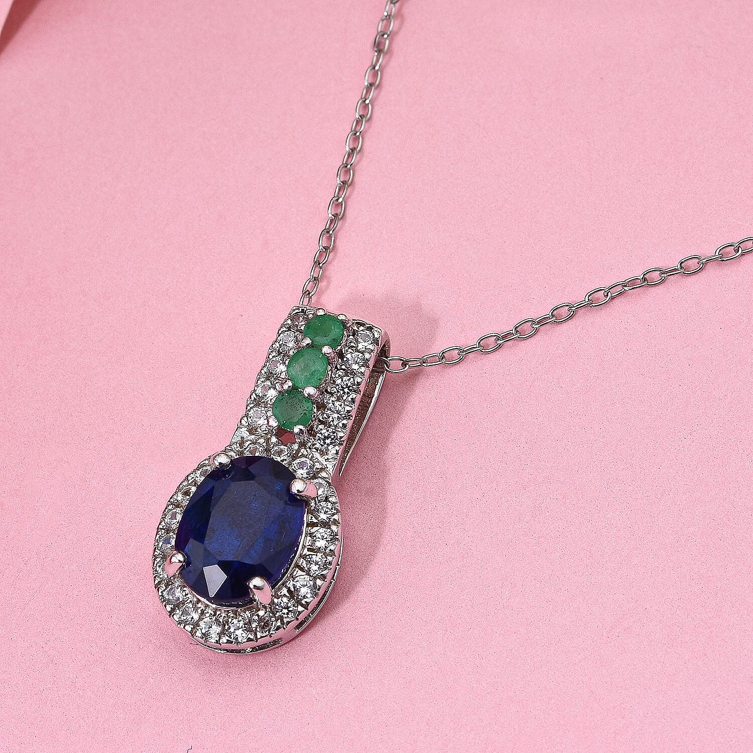 Premium Vietnamese Cobalt Blue Spinel, White Zircon & Emerald Pendant with Chain (Size - 20) in Rhodium Overlay Sterling Silver 2.20 Ct.