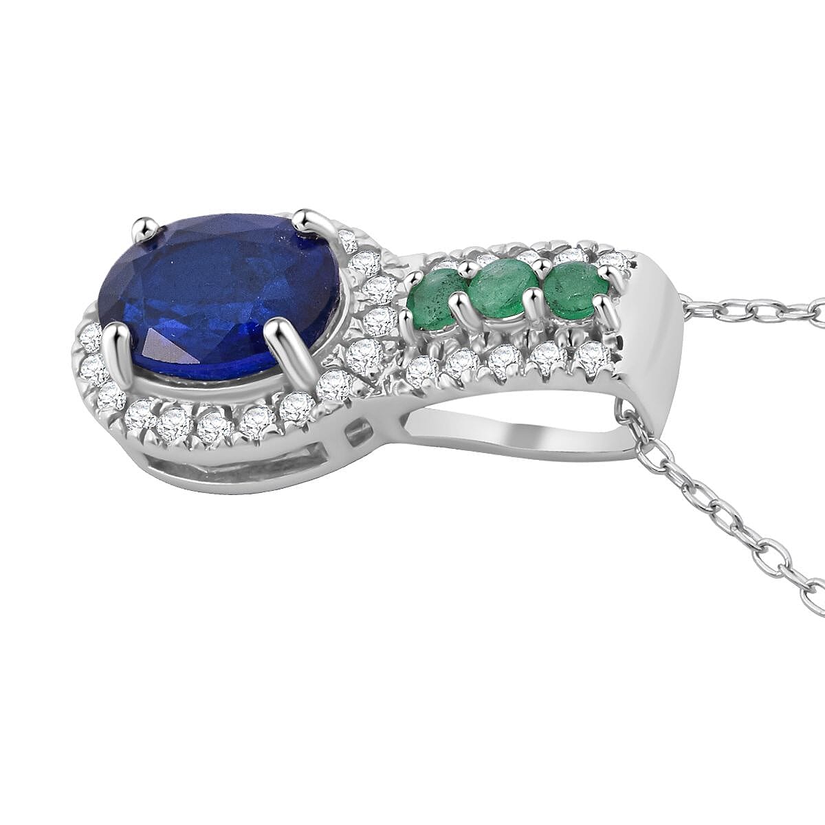 Premium Vietnamese Cobalt Blue Spinel, White Zircon & Emerald Pendant with Chain (Size - 20) in Rhodium Overlay Sterling Silver 2.20 Ct.