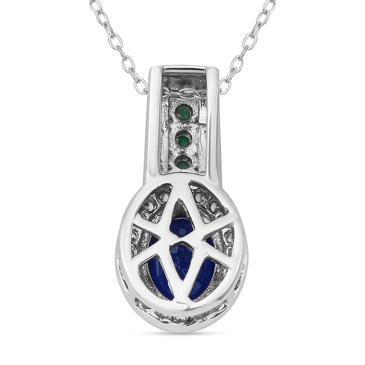 Premium Vietnamese Cobalt Blue Spinel, White Zircon & Emerald Pendant with Chain (Size - 20) in Rhodium Overlay Sterling Silver 2.20 Ct.