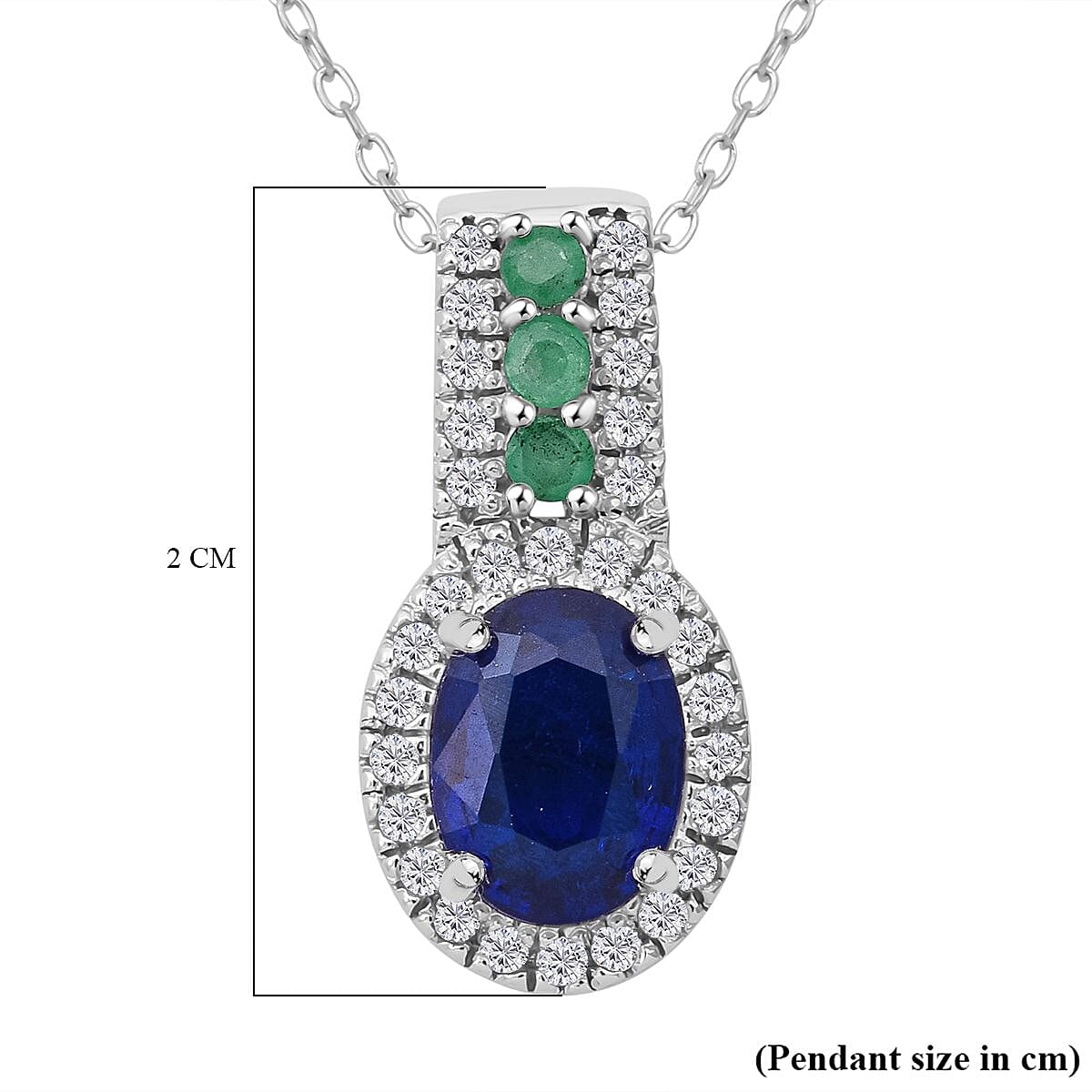Premium Vietnamese Cobalt Blue Spinel, White Zircon & Emerald Pendant with Chain (Size - 20) in Rhodium Overlay Sterling Silver 2.20 Ct.