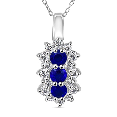 Premium Vietnamese Cobalt Blue Spinel & Moissanite Trilogy Vertical Cluster Pendant with Chain (Size - 20) in Rhodium Overlay Sterling Silver 1.54 Ct.