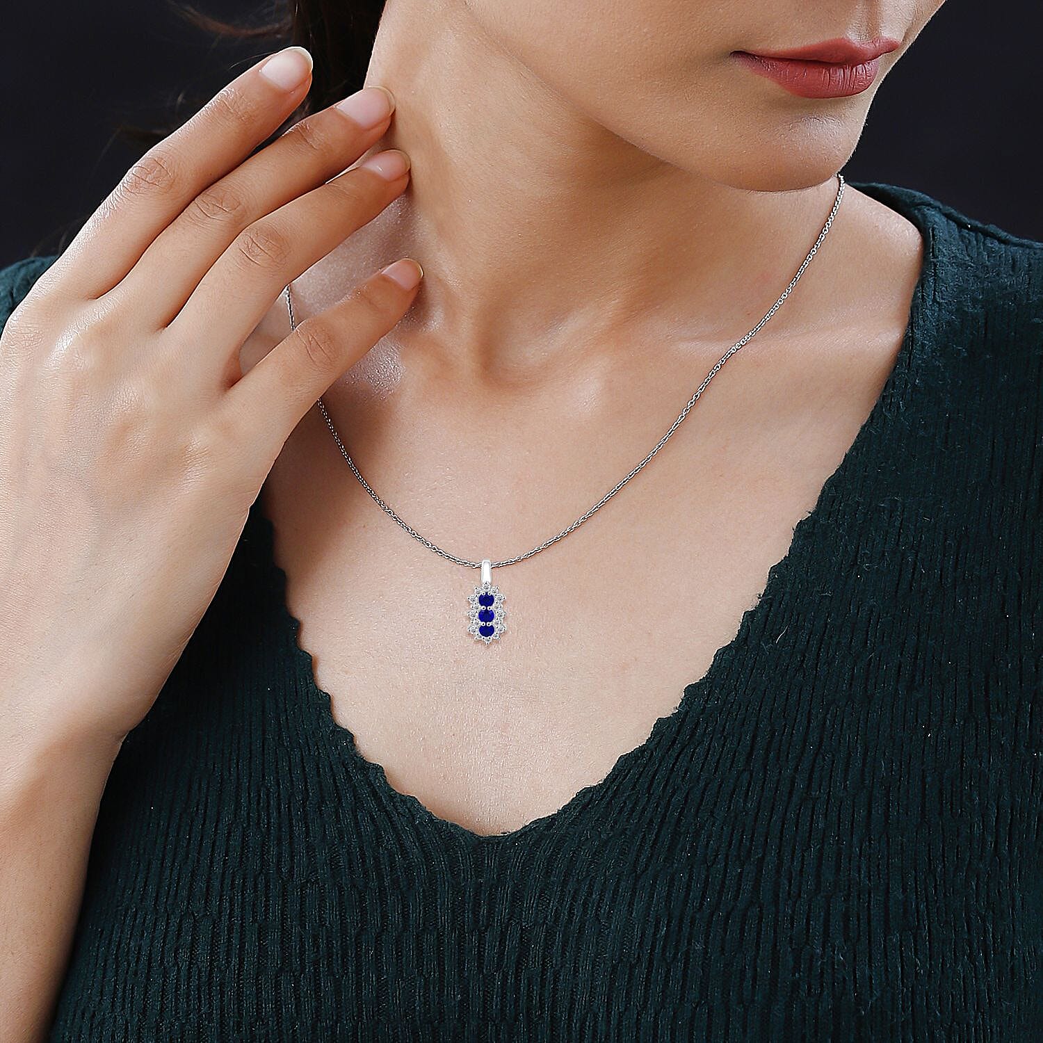 Premium Vietnamese Cobalt Blue Spinel & Moissanite Trilogy Vertical Cluster Pendant with Chain (Size - 20) in Rhodium Overlay Sterling Silver 1.54 Ct.