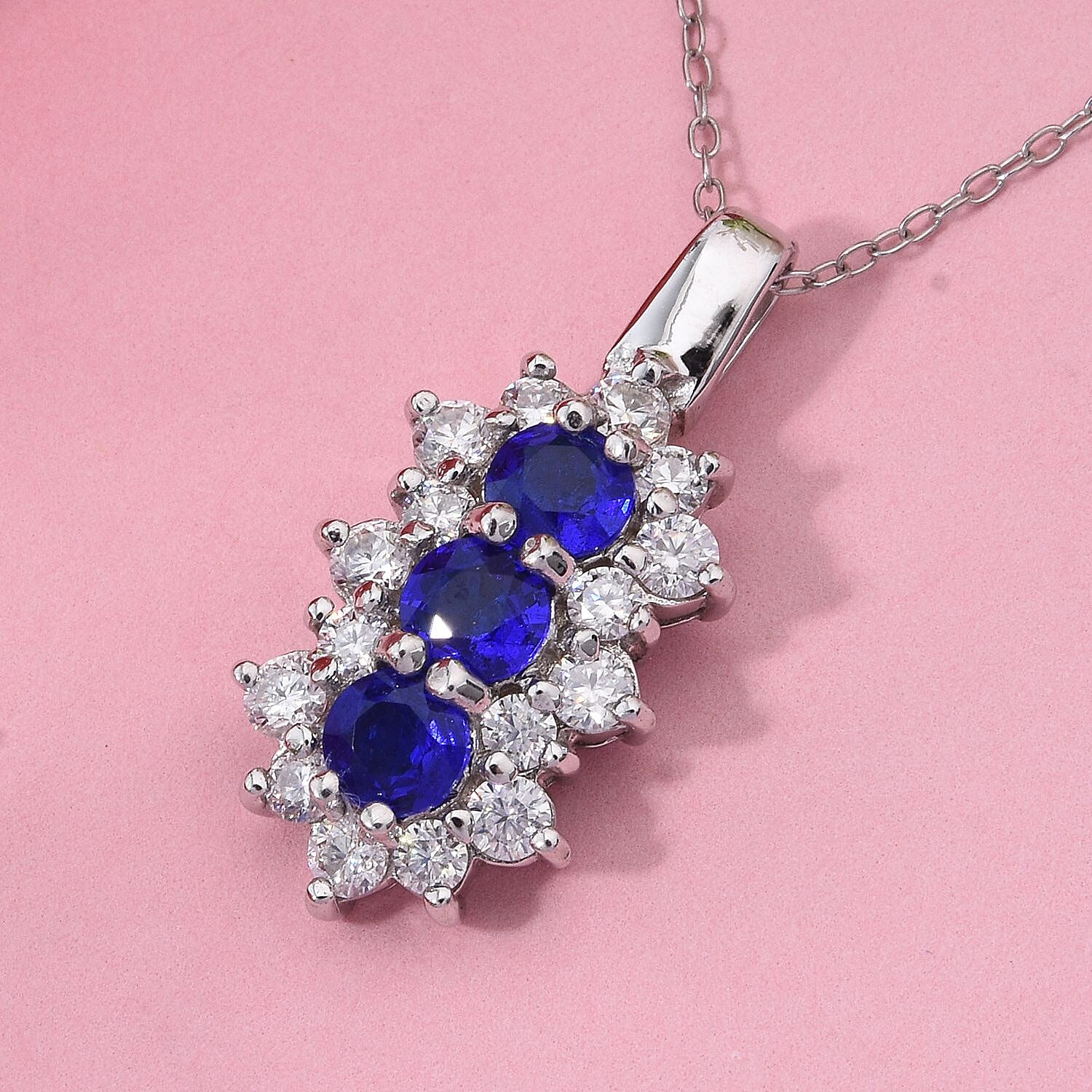 Premium Vietnamese Cobalt Blue Spinel & Moissanite Trilogy Vertical Cluster Pendant with Chain (Size - 20) in Rhodium Overlay Sterling Silver 1.54 Ct.