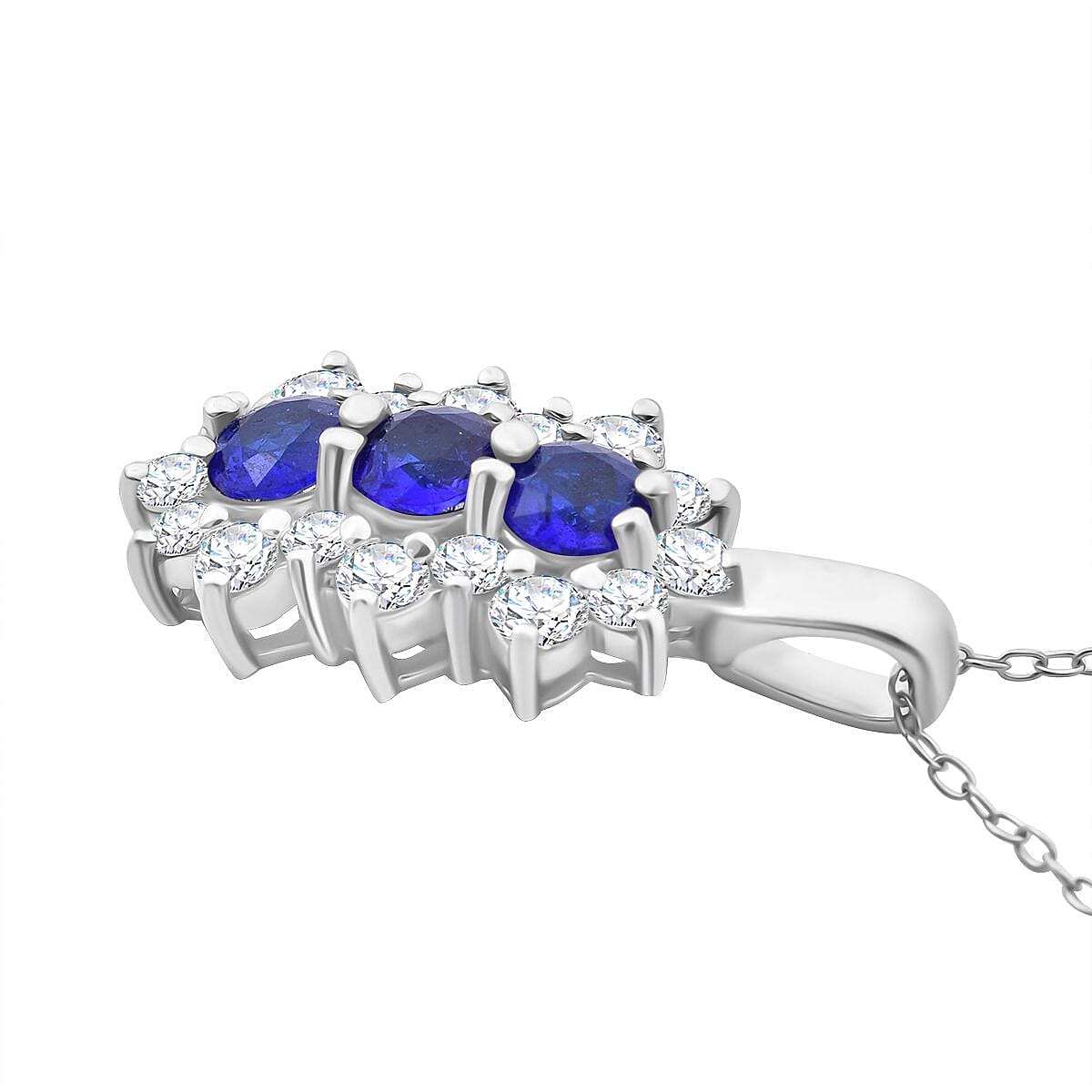 Premium Vietnamese Cobalt Blue Spinel & Moissanite Trilogy Vertical Cluster Pendant with Chain (Size - 20) in Rhodium Overlay Sterling Silver 1.54 Ct.