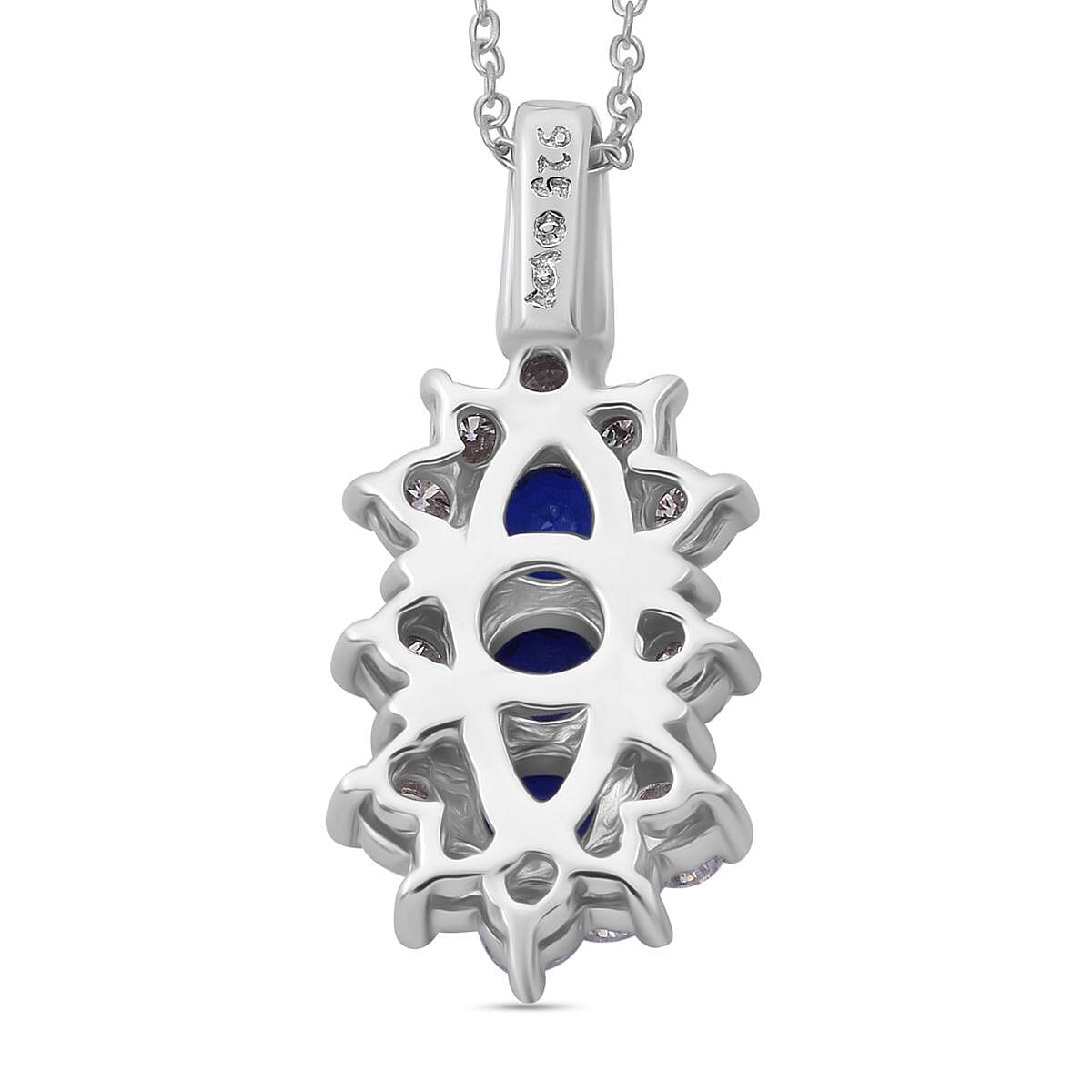 Premium Vietnamese Cobalt Blue Spinel & Moissanite Trilogy Vertical Cluster Pendant with Chain (Size - 20) in Rhodium Overlay Sterling Silver 1.54 Ct.