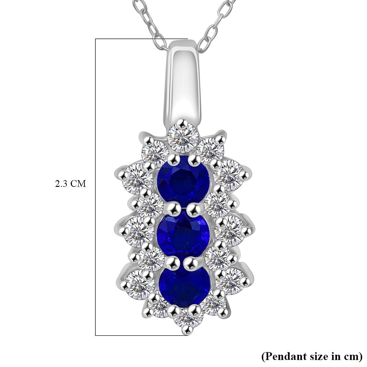 Premium Vietnamese Cobalt Blue Spinel & Moissanite Trilogy Vertical Cluster Pendant with Chain (Size - 20) in Rhodium Overlay Sterling Silver 1.54 Ct.