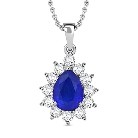 Premium Vietnamese Cobalt Blue Spinel & Moissanite Halo Pendant with Chain (Size - 20) in Rhodium Overlay Sterling Silver 4.45 Ct.