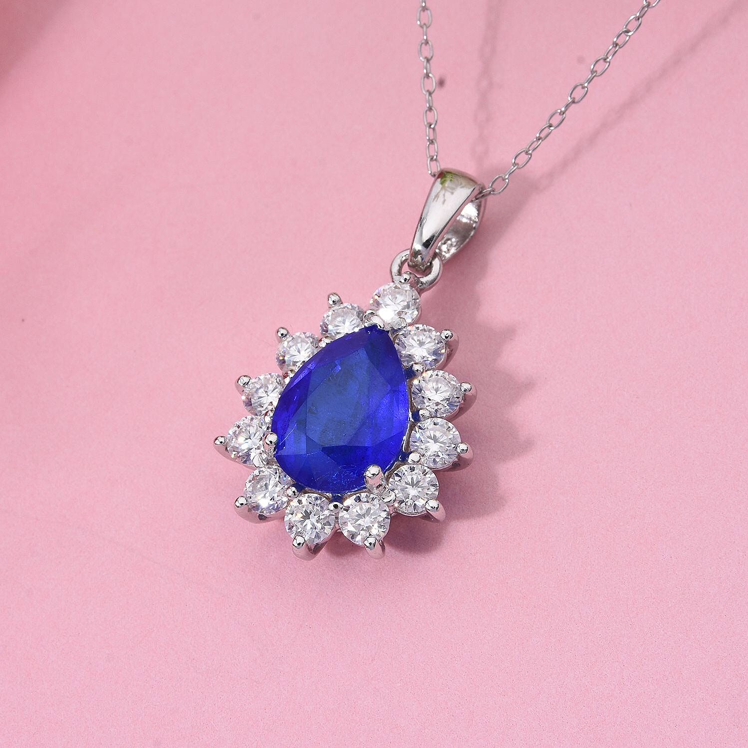 Premium Vietnamese Cobalt Blue Spinel & Moissanite Pendant with Chain (Size  - 20) in Rhodium Overlay Sterling Silver 4.45 Ct. - 4335535 - TJC