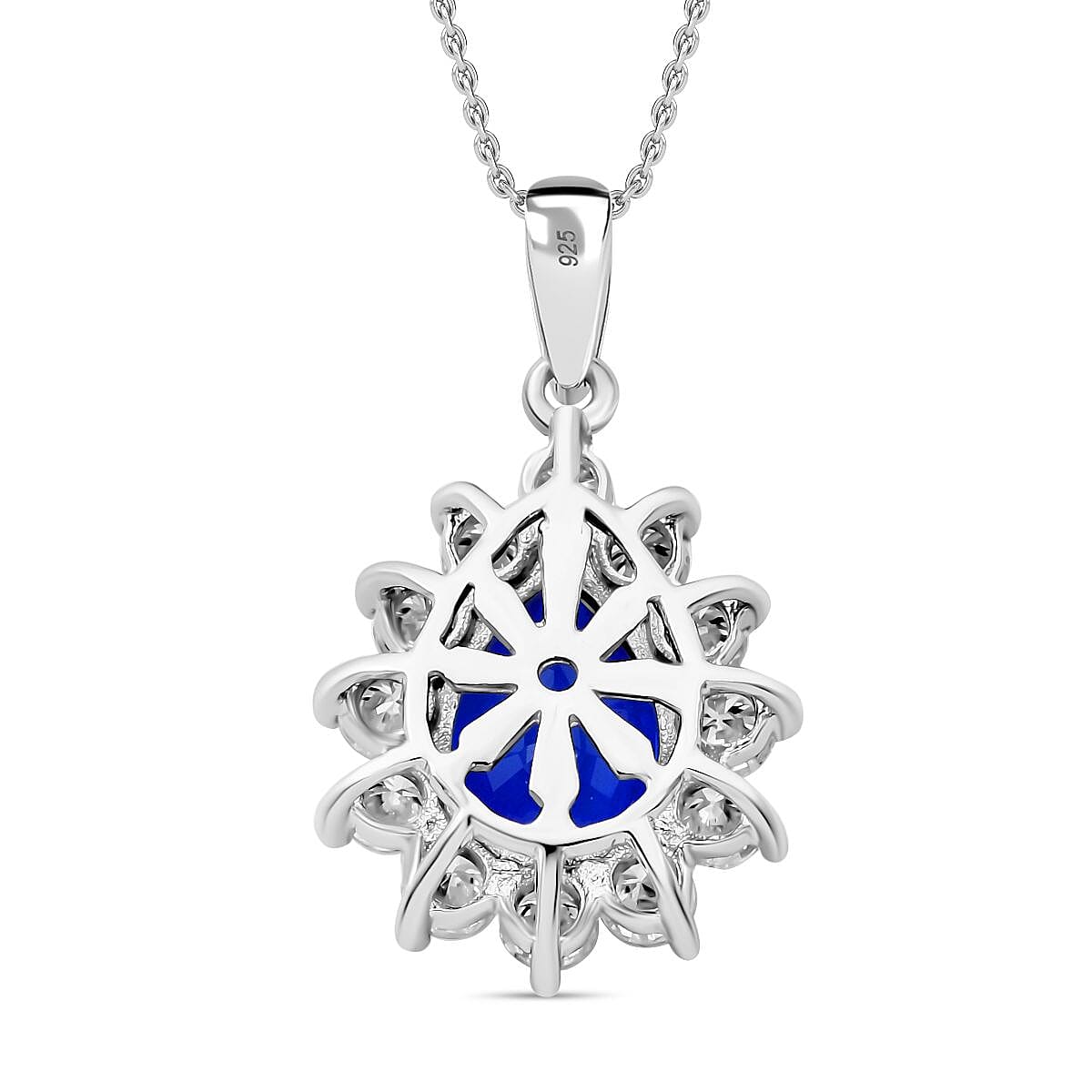 Premium Vietnamese Cobalt Blue Spinel & Moissanite Halo Pendant with Chain (Size - 20) in Rhodium Overlay Sterling Silver 4.45 Ct.